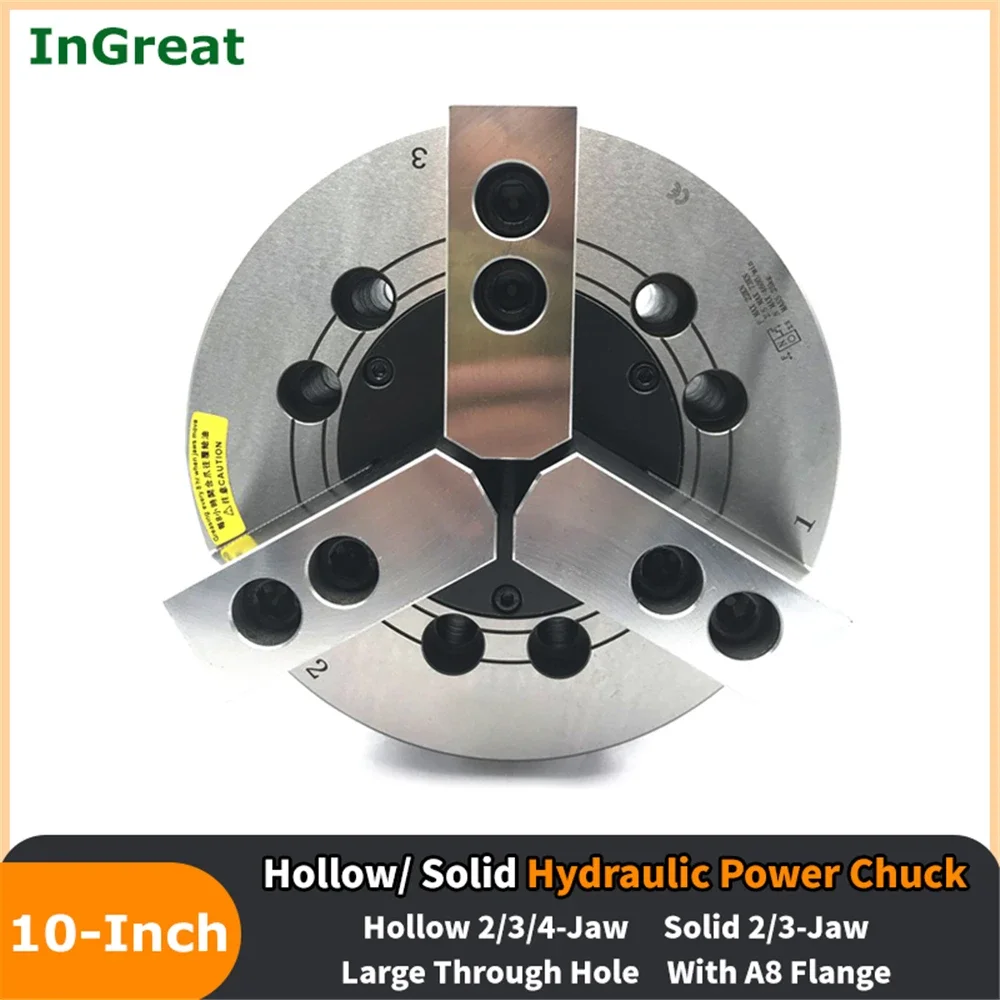 10 Inches 254mm Hollow/Solid Hydraulic Oil Power Chuck 2/Three/4Jaws Large Through Hole & A8 Flange for CNC Lathe Boring Cutting