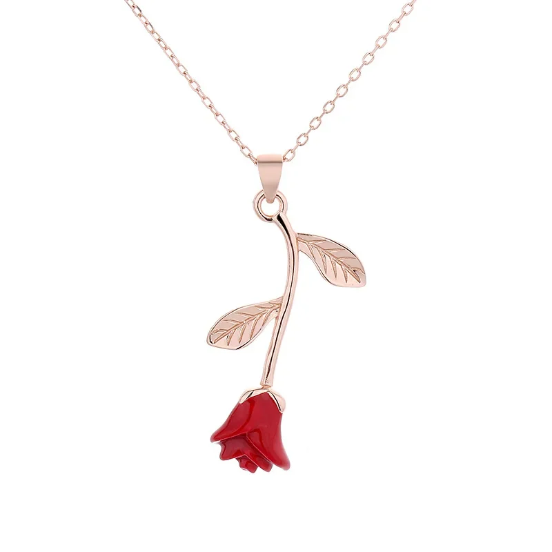 Romantic Red Rose Flower Pendant Necklace for Women S925 Sterling Silver Necklace Valentine's Day Gift  Fine Jewelry YLQ10317