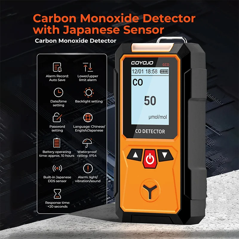 Carbon Monoxide Detector 0-2000 Ppm (μmol/mol) Portable CO Monitor with Audible and Visual Alarms and LCD Display for Home