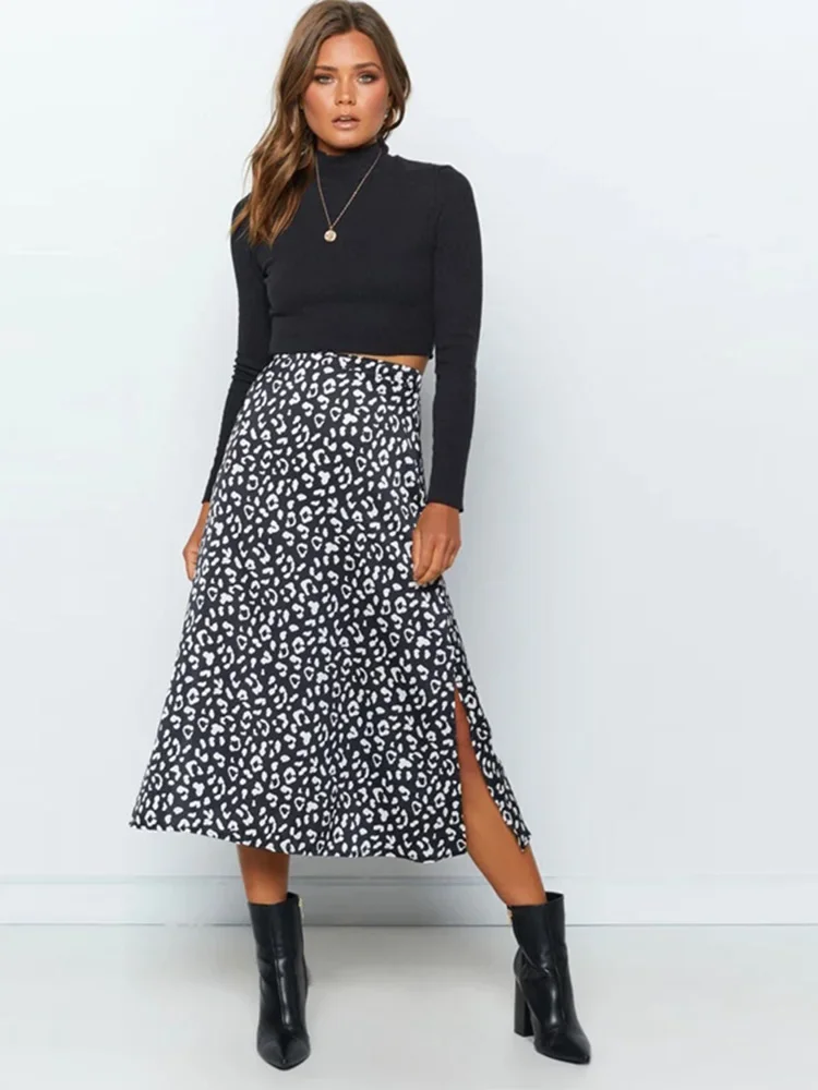 Plus Size Sexy Leopard Print Chiffon Split Skirt Casual Fashion Long Skirt for Women Spring Summer Zip Elegant Female Half Skirt