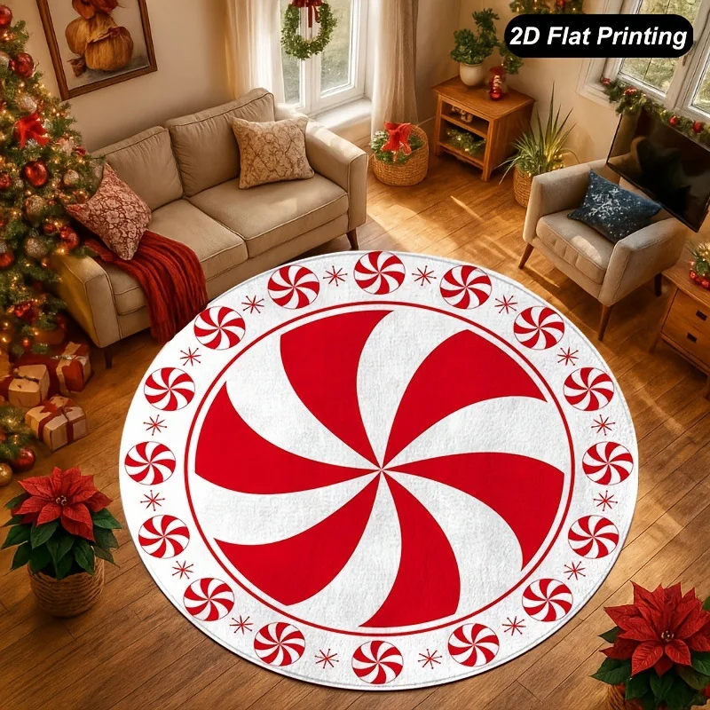 VIKAMA Red White Peppermint Candy Swirl Round Flannel Area Rug, Non Slip Soft Washable Mat Bedroom Xmas Home Decor Gift