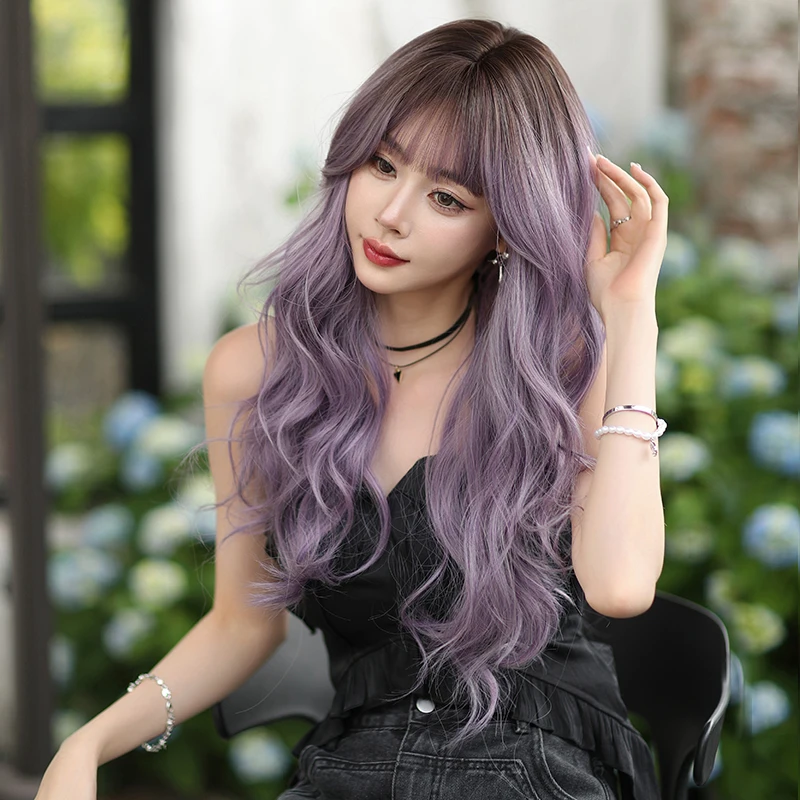 7JHH WIGS Long Water Wave Purple Wig for Women Synthetic Heat-Resistant Modest Fashion Wear and Go Wigs with Dark Roots - view 2