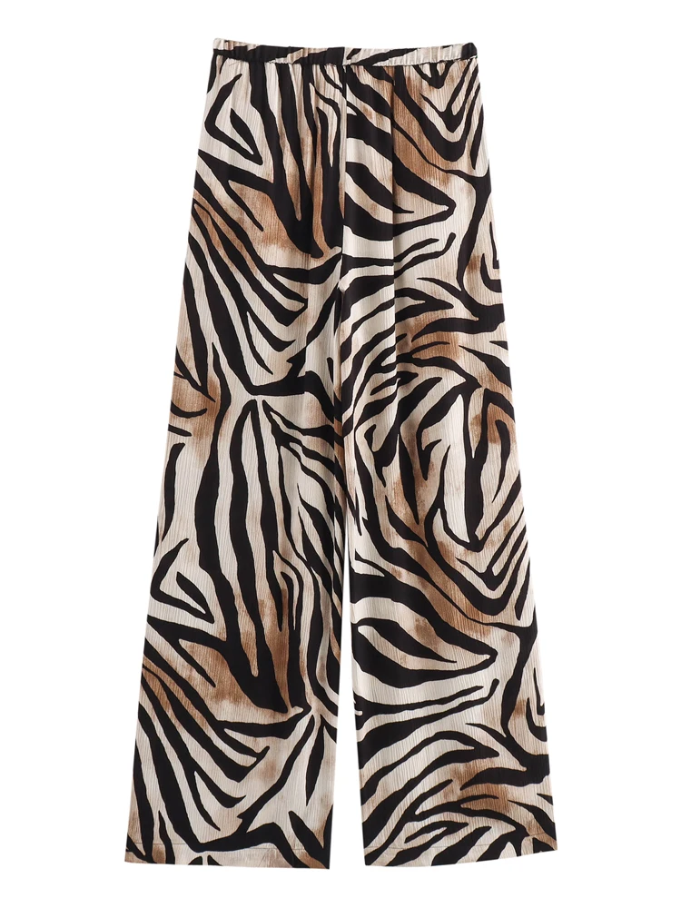 KAOPU ZA Women animal printed lapel shirt and drawstring elastic waist wide-leg trousers two pieces sets mujer