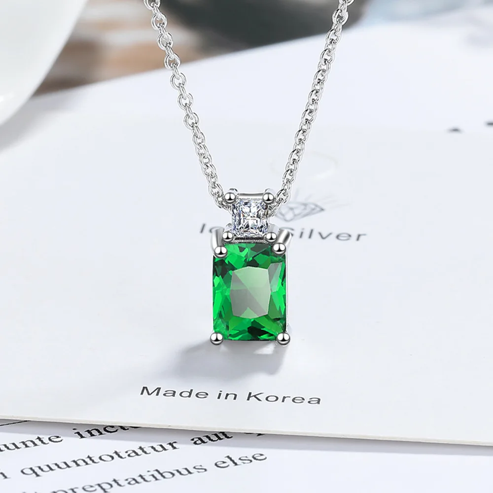 Emerald Cut Green Simulated Nano Emerald 925 Sterling Silver Square Pendant Necklace for Women Statement Gemstone Jewelry Choker