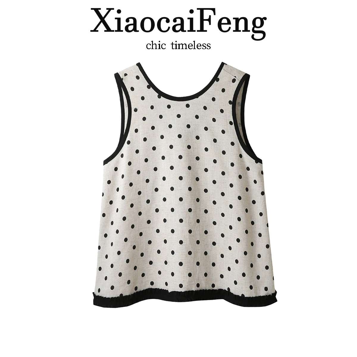 

Korean Style Summer Polka Dot Linen Vest Women's Back Tie Unique Beautiful Top round Neck Loose Fit Outerwear Dream Qing Sha Po