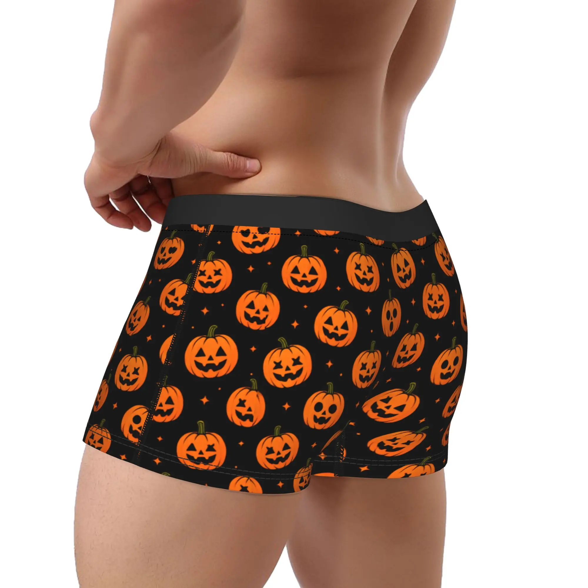 Halloween Different Face Pumpkin Seamless Pattern Black Background Shorts Briefs  Underwear Hot Sale Male Sexy Soft Boxershorts
