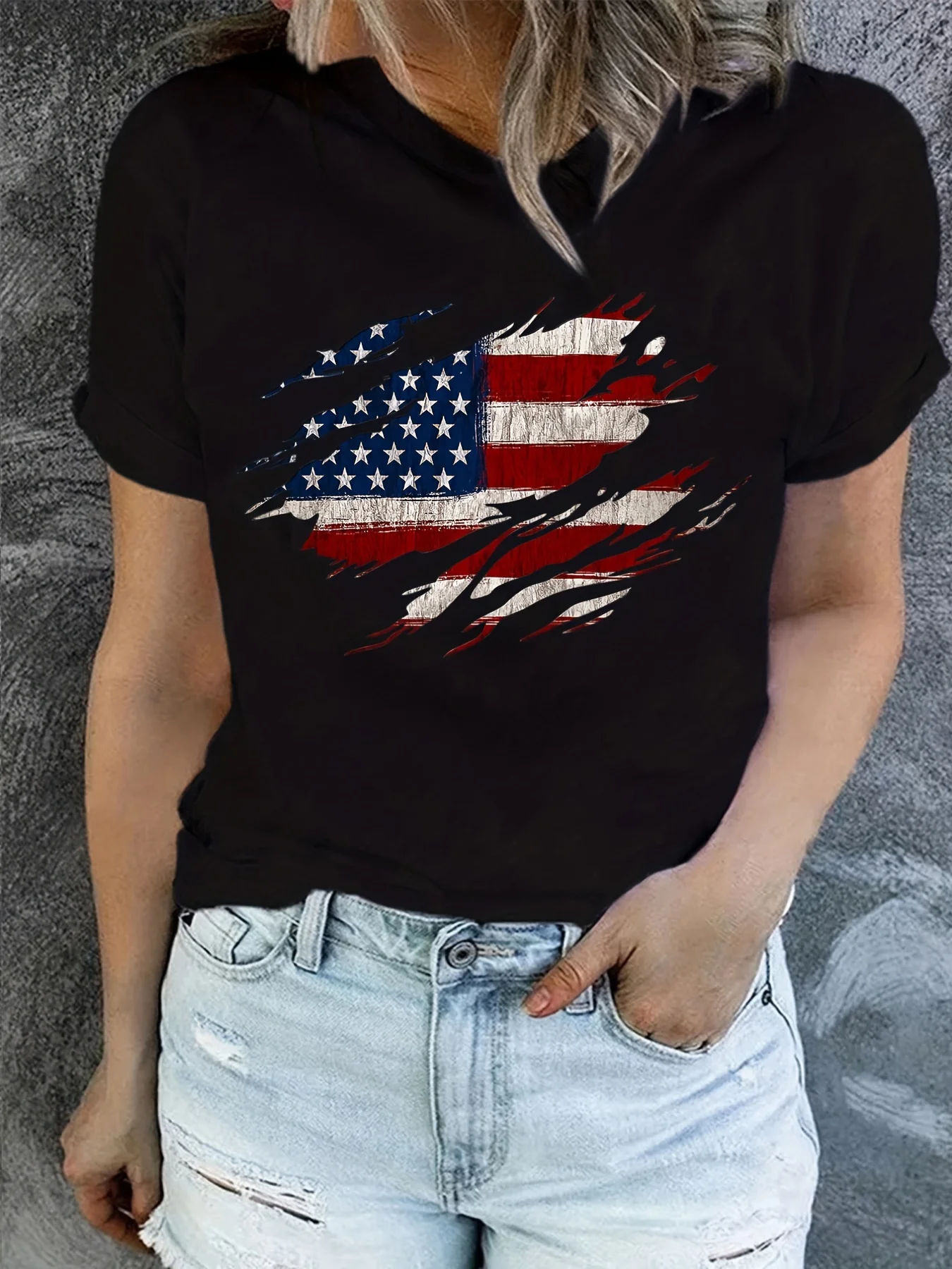 American Flag Print T-Shirt, Independence Day Short Sleeve Crew Neck Casual Top For Summer & Spring, Women\'s Clothing