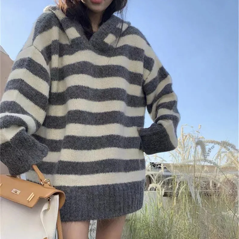 Retro Lazy Style Womens Outifits Autumn/Winter Stripes Knitted Pullover Women Sweater and Wide Pants E2504