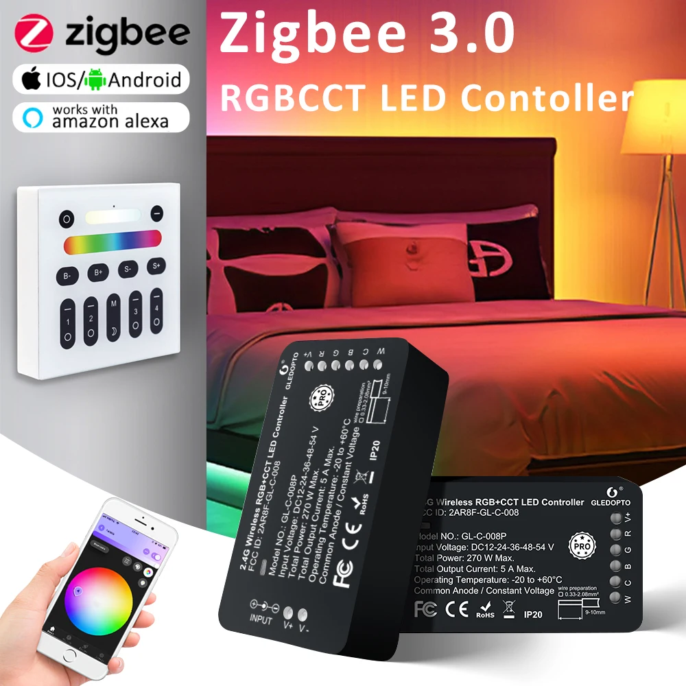 

GLEDOPTO ZIGBEE 3.0 RGBWW RGBCCT LED Strip Controller Pro Smart Phone APP Voice Control Work with Alexa Echo Plus SmartThings