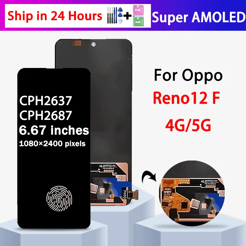 reno-12f-5g用amoledディスプレイスクリーン、oppo-reno12-f-4g用lcd-cph2687-cph2637ディスプレイタッチスクリーンデジタイザーアセンブリ