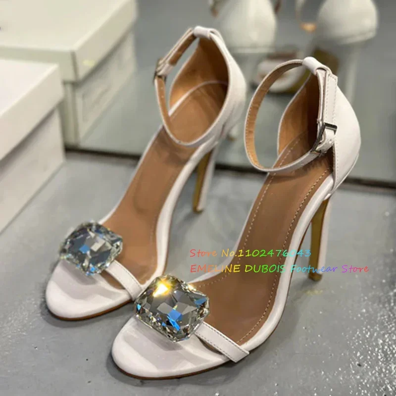 

White Peep Toe High Heel Sandals Square Rhinestone Embellishment Stiletto Heel Ankle Strap Party Dress Wedding Shoes for Women