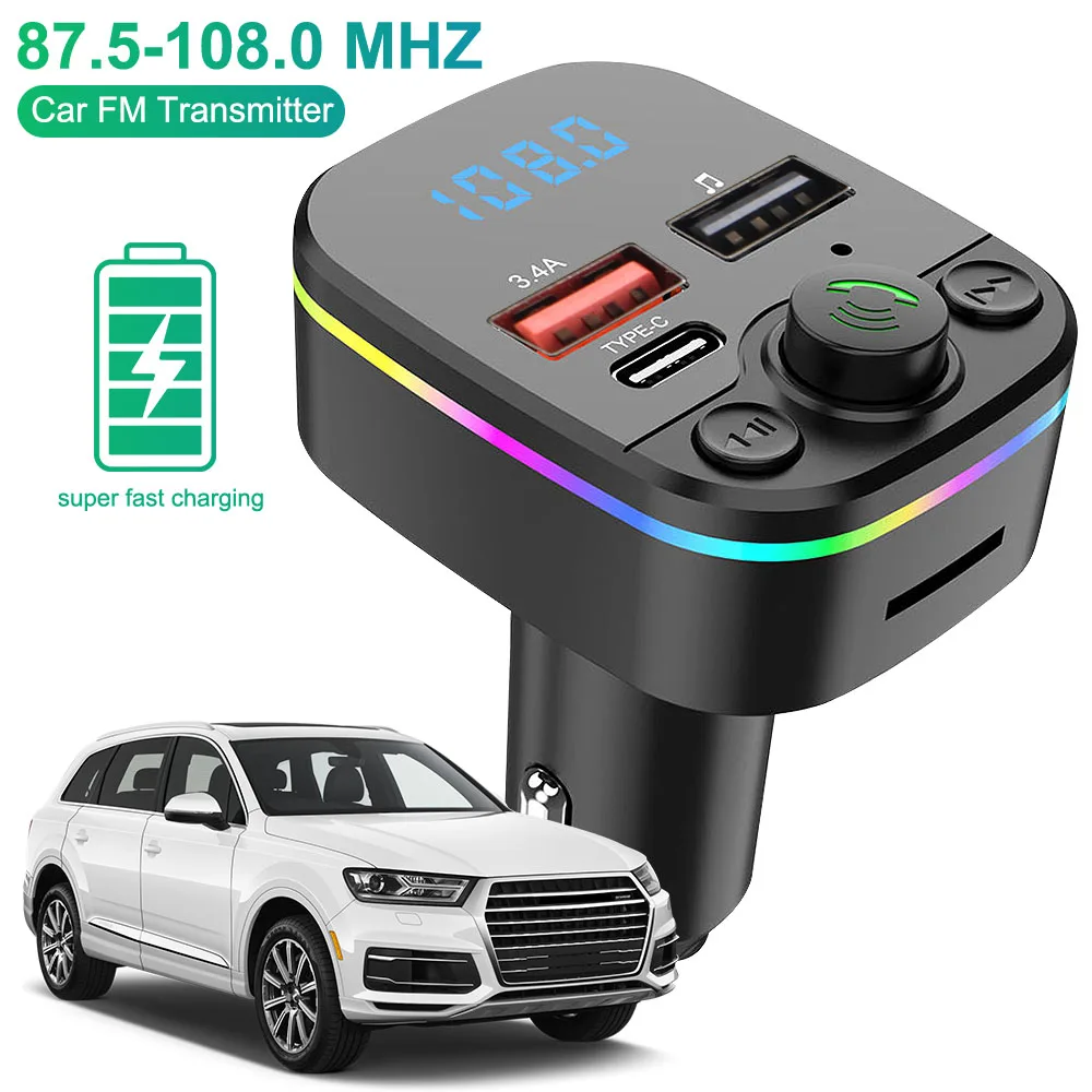 

Быстрое красочное зарядное устройство Bluetooth 5,0, автомобильный FM-передатчик, беспроводной FM-радио, комплект и с воспроизведением MP3-модулятора, громкая связь, окружающая среда