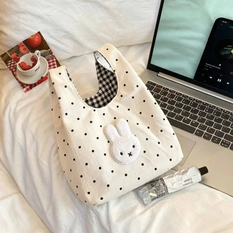 Сумка на запястье Miffy Kawaii с милым аниме-принтом в горошек и вышивкой, легкая, универсальная, для прогулок, с сетчатым отделением, портативная, простая