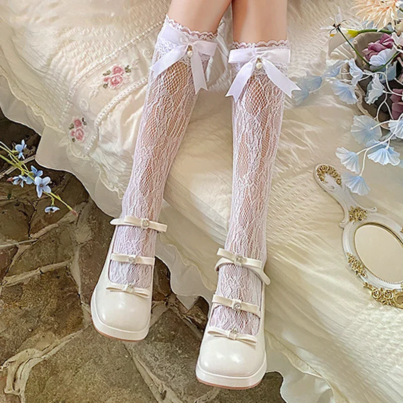 

Кружевные носки, женские чулки, летние чулки до колена с бантом, носки до середины икры в стиле Лолиты, кольцо, лента Pure Desire