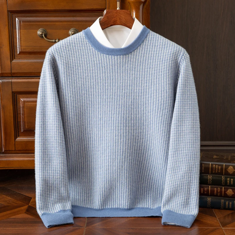 Autumn And Winter New Round Neck Thick 100% Pure Wool Men's High-End Houndstooth Sweater Knitted Pullover