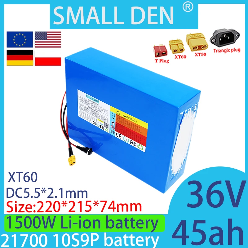 36V 45Ah 21700 Lithium ion Battery Pack 10S9P, 40A with BMS Same Port 750W 1500W High Power Large Capacity Lithium ion Battery