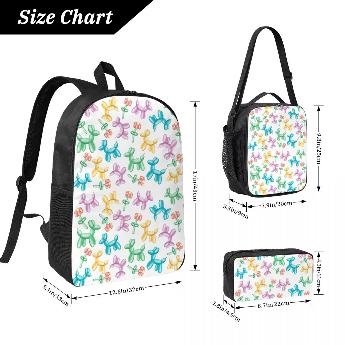 Colorful Balloon Dog Pattern Backpack Student BookBag School Bag Laptop Shoulder Bags 3ps Insulated Lunch Bag Pencil Case