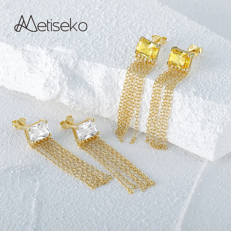 Metiseko 925 Sterling Silver Earrings Square Yellow Zircon Tassels Stud Earrings Stylish Distinctive Jewelry for Women Party