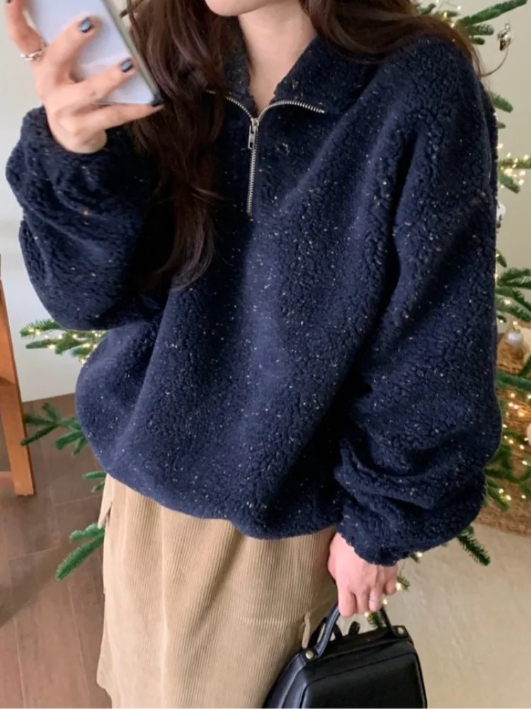 أنيقة الخريف الشتاء الحلو مكافحة الشيخوخة التلبيب f البريدي مختلط اللون فضفاض طويل Sve لامب الفراء البلوز عادية تخفيف Sle