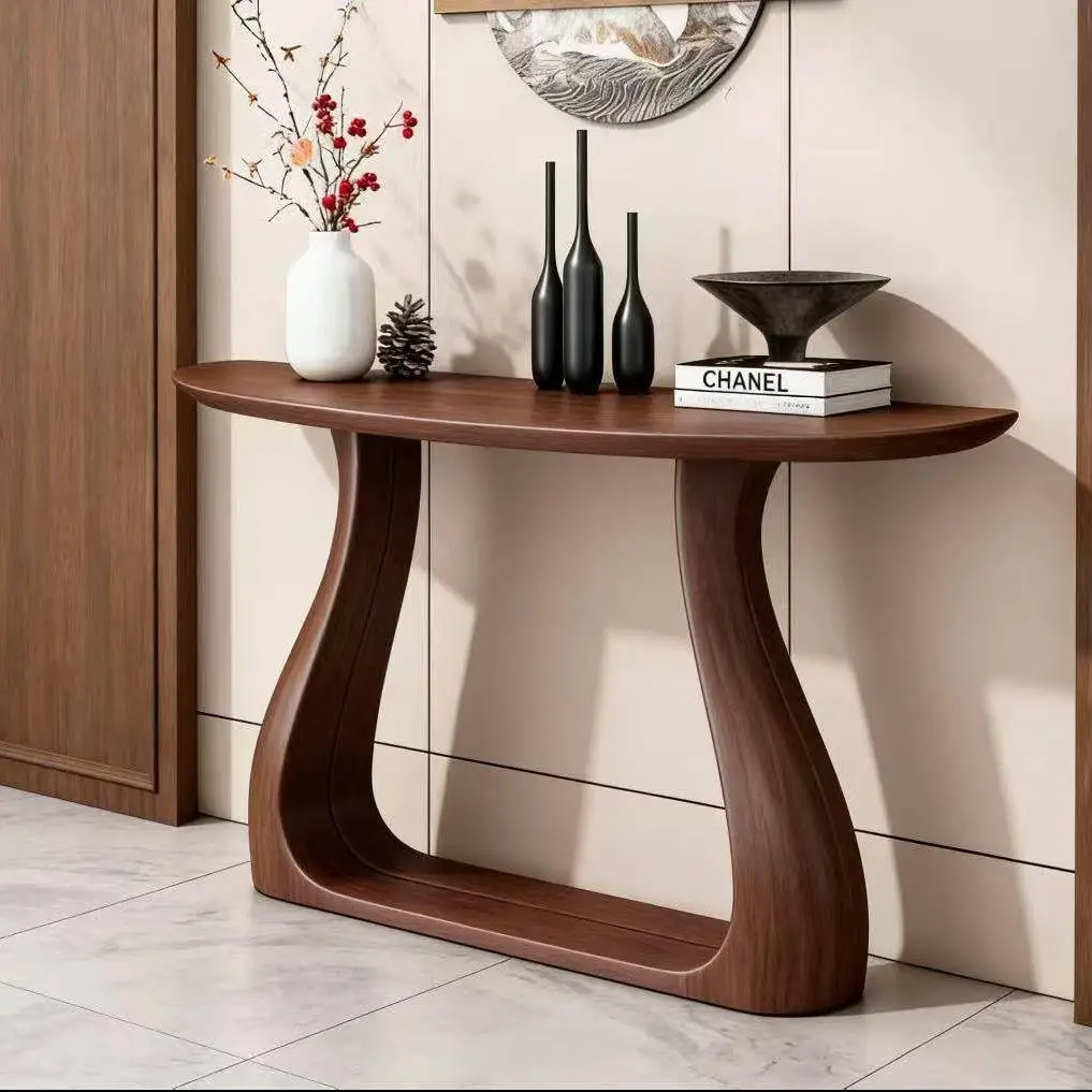 New Chinese style desk against the wall, entryway counter, black walnut wood color, simple solid wood narrow edge