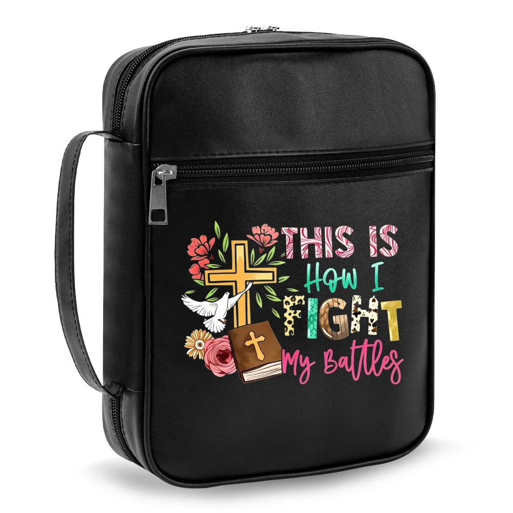 Christian Bible Cover with Handle, This Is How I Fight My Battles Print Zipper Bible Case, Bible Bag for Women