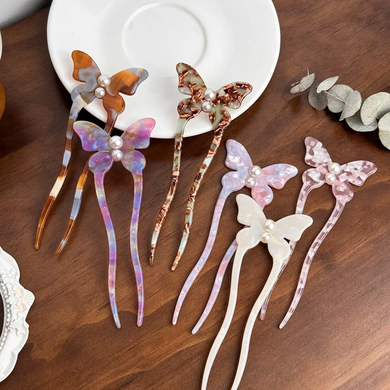 

New Fairy Butterfly Pearl Hairpins Acetate Sweet Colorful Butterfly Hair Stick Headwear for Woman Girls Trendy Hair Accessories