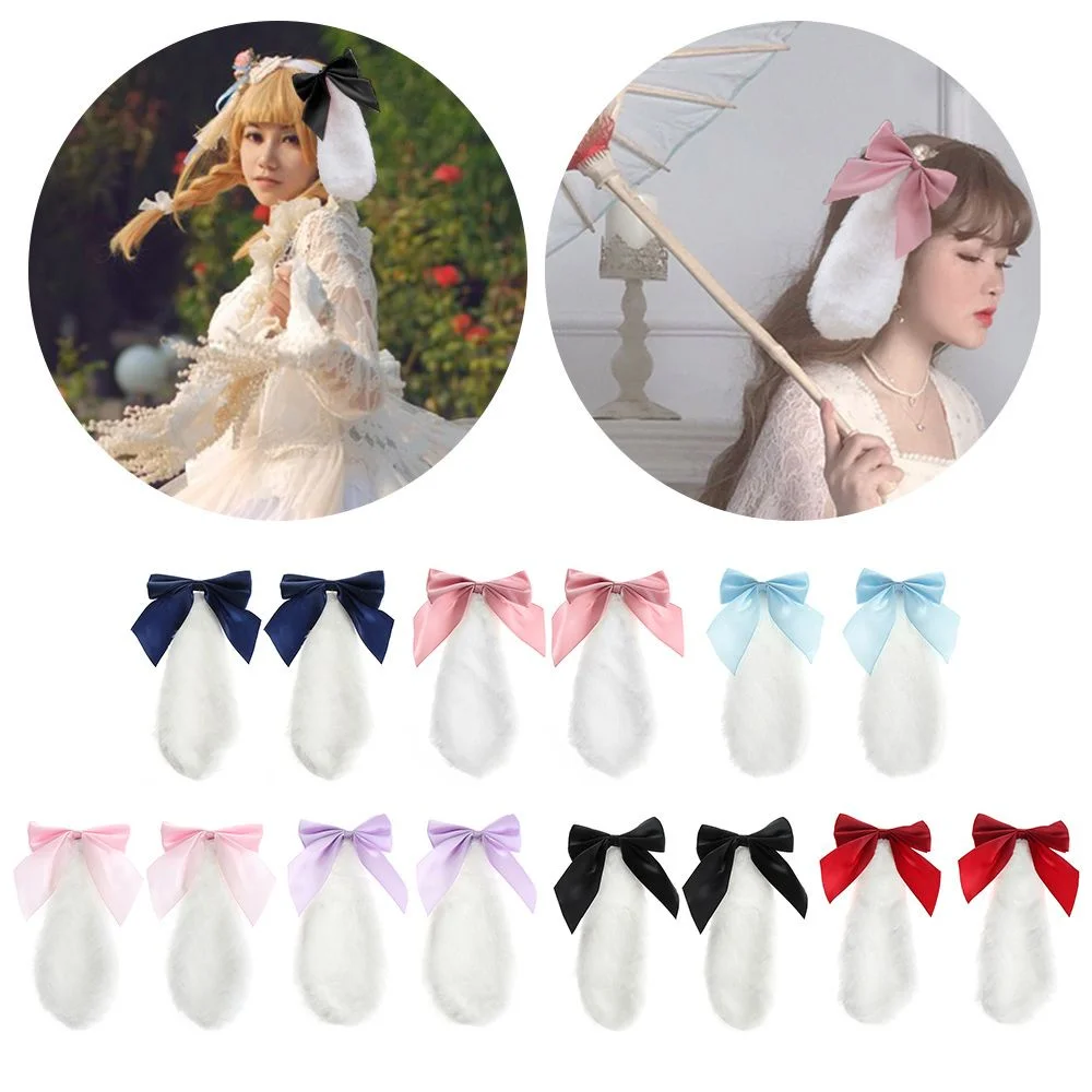 Women Girls Plush Lop Ears Rabbit Hair Clip Kawaii Bunny Ears Hairpin Candy Color Ribbon Bowknot Lolita Cosplay Hair Accessories