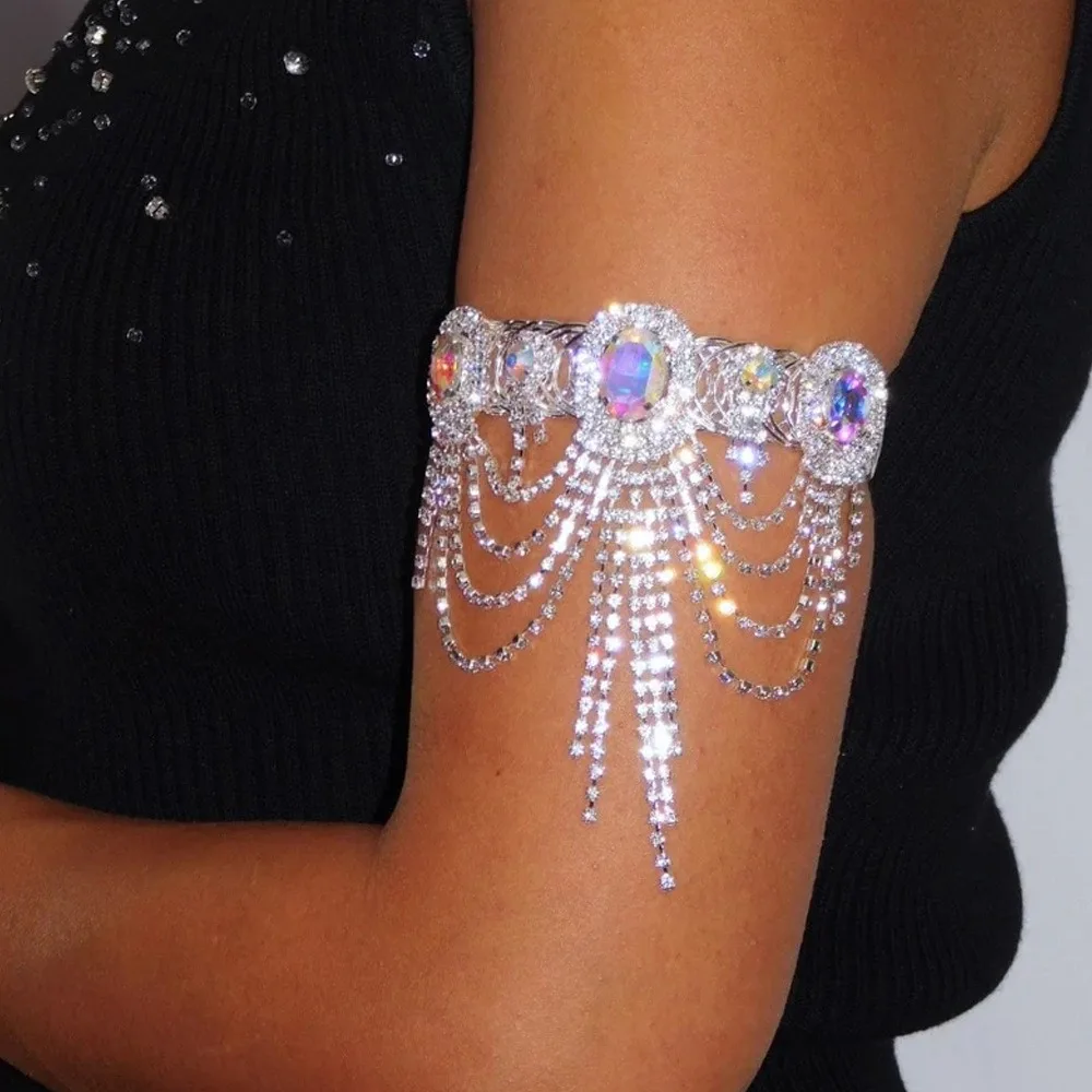 Jewelry Adjustable Crystal Tassel Arm Chain Alloy Armlet Butterfly Rhinestone Anklet Bracelet Bling Oval Upper Arm Bangle Girls