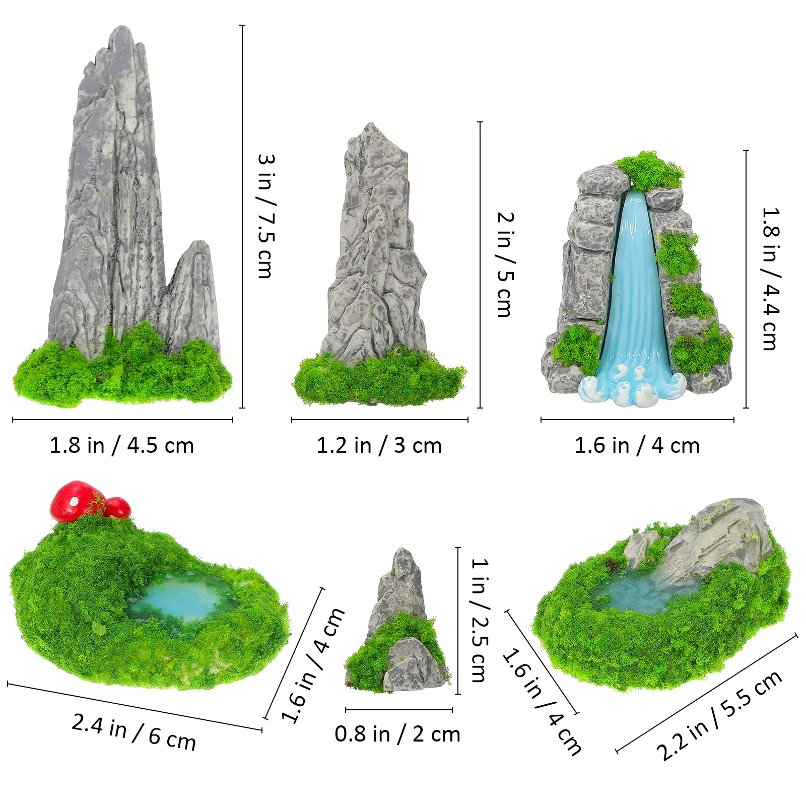 6개 미니 레진 산 인공 암석, 분재 정원 장식용 사실적인 연못 포함, 수족관 미니어처 풍경 디오라마 공예