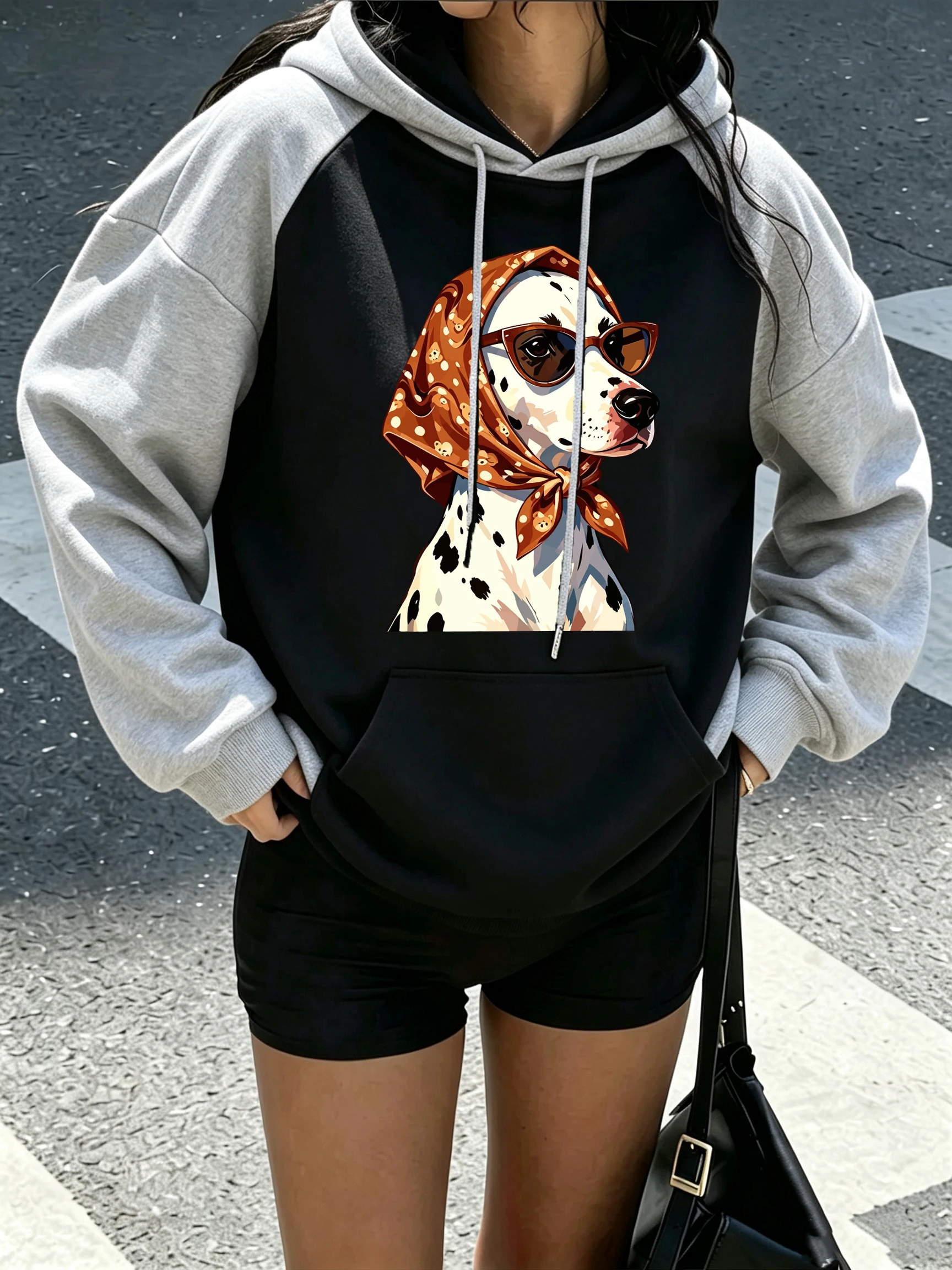 Brown Headscarf Sunglasses Dog Pattern Women Raglan Hoodies Vintage Pocket Hoody Loose Casual Sportswear Fleece Autumn Hoodie