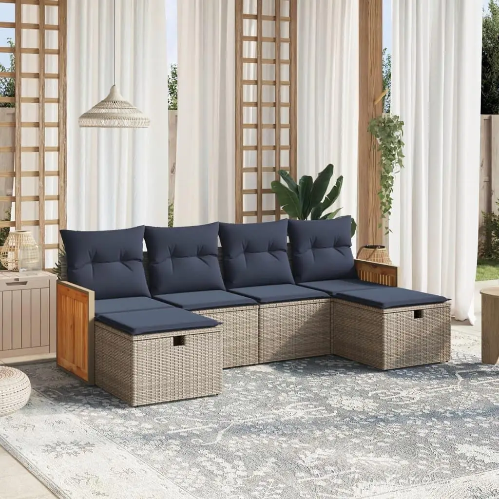 

6 Piece Gray Poly Rattan Patio Sofa Set with Soft Cushions Outdoor Furniture Relaxation Seating
