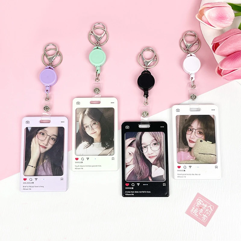 INS Photocard Holder Acrylic Keychain Photo Card Protective Cover ID Student Cards Case Anti-loss Rope Photo Sleeves