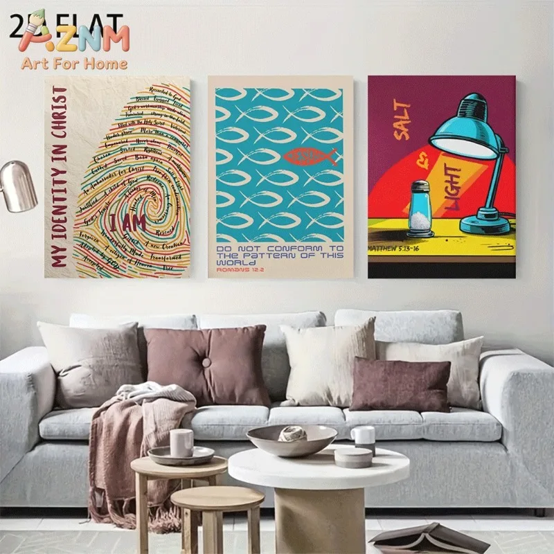 Unframed 3PCS Retro Christian Bible Verse Canvas Wall Art Colorful Fish Salt Light Print Poster Home Living Room Bedroom Decor