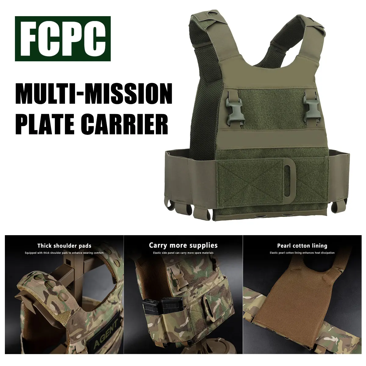 Ferro Tactical Vest Plate Carrier V5 FCPC Militar Hunting Portable MOLLE Triple Magazine Pouch with Zip On Back Panel Banger