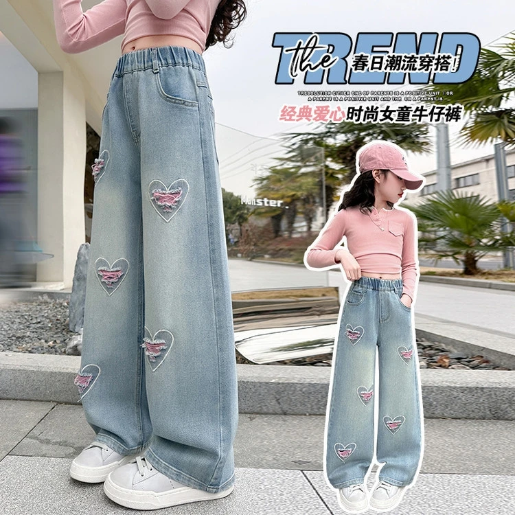 5-14 Jahre Frühling Herbst Mädchen-Jeans, modische Retro- und Vintage-Hose mit fünfzackigem Sternmuster und Stickerei, weit geschnittene Hose für Teenager-Mädchen
