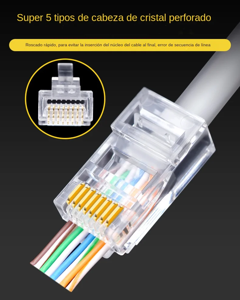 金メッキイーサネットネットワークコネクタ,クリスタルエンド,スルーコネクタ,UTP標準圧着,rj45,cat6,cat5e,8p8c,1セットあたり100個