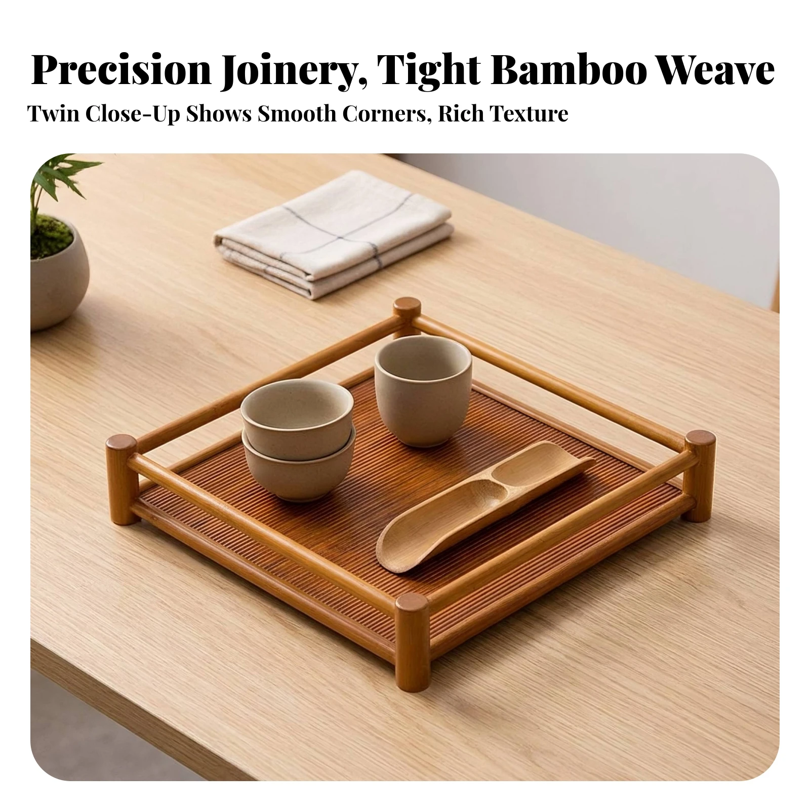 Bamboo Tea Tray Space-Saving Tea Tray with Woven Base Long-Lasting Polished for Minimalists, Tabletop, Desk