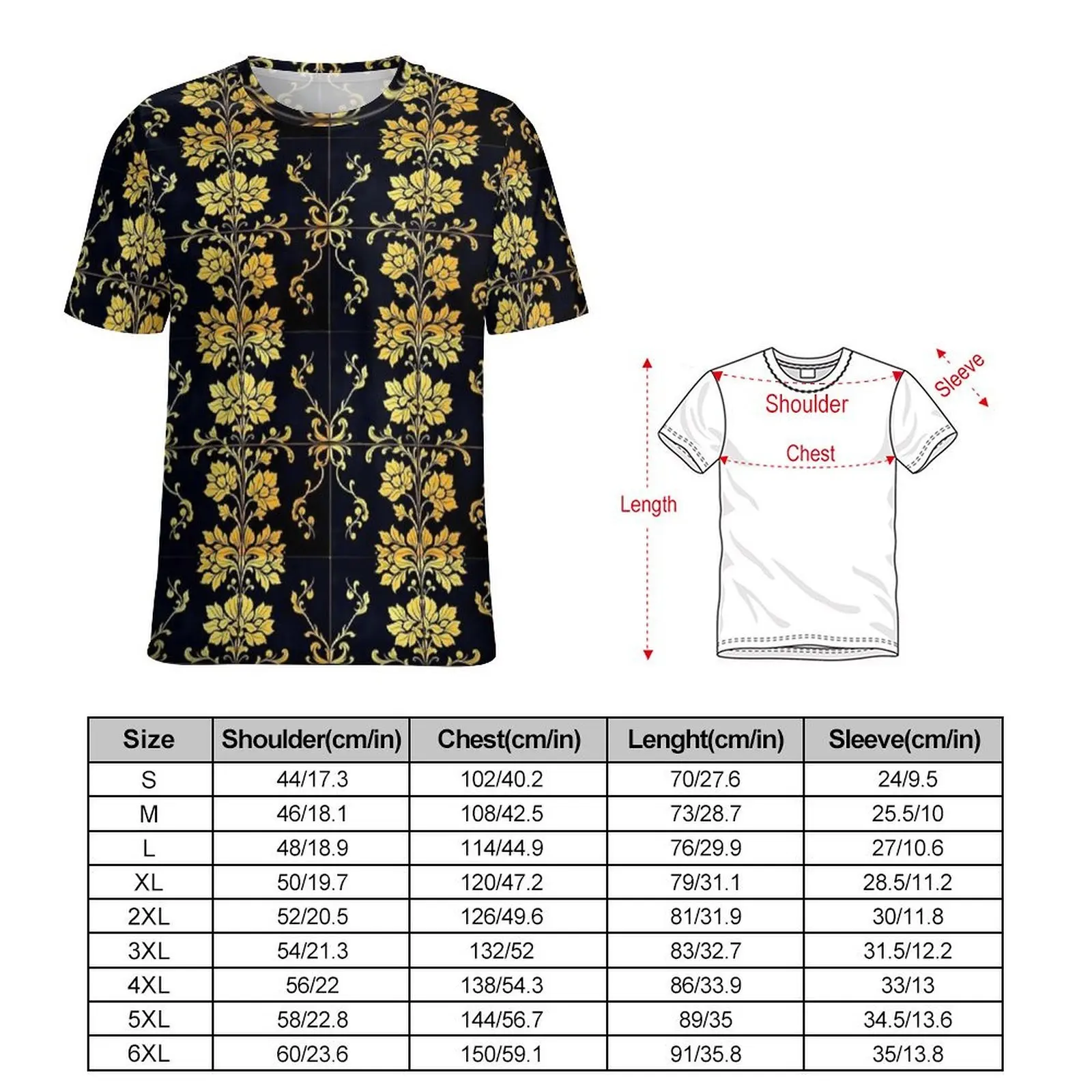 Black Golden Tile Floral Retro Print T Shirt  Trending T-Shirts Men Funny Tshirt Original Short Sleeves Graphic Clothes Big Size