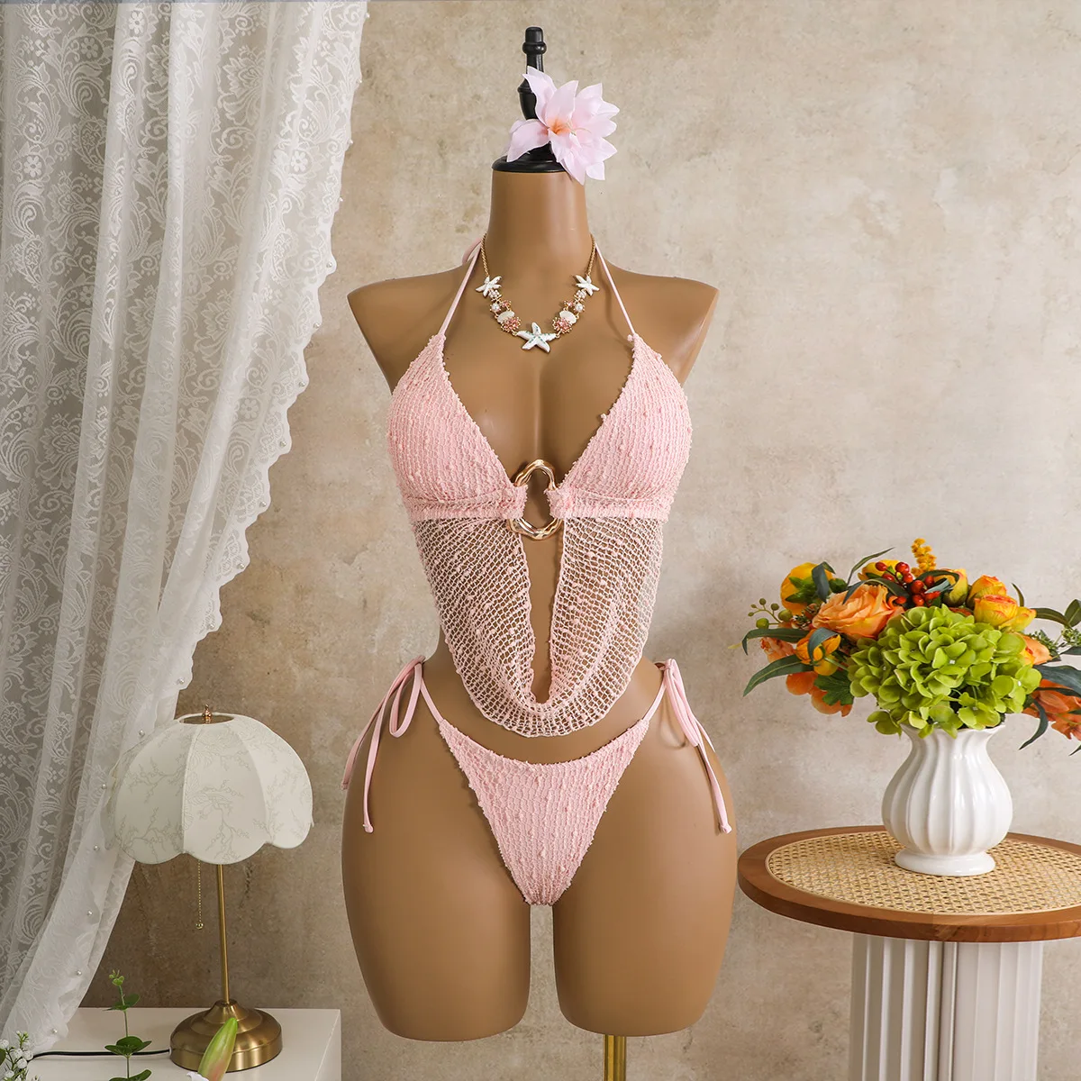 

Сексуальный однотонный комплект бикини с завязками на шее и металлическим кольцом, раздельный купальник из двух частей с завязками сзади, стринги, купальник, пляжная одежда, бикини, танкини