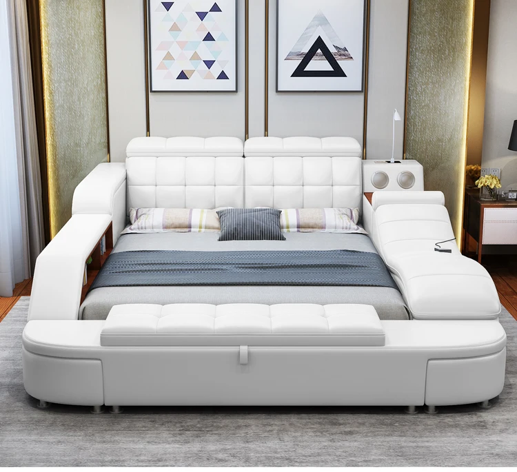 King/Queen Size Multifunctional Bed Tech Smart Beds Ultimate Camas TATAMI Massage Lit Genuine Leather Upholstered Bed with Audio