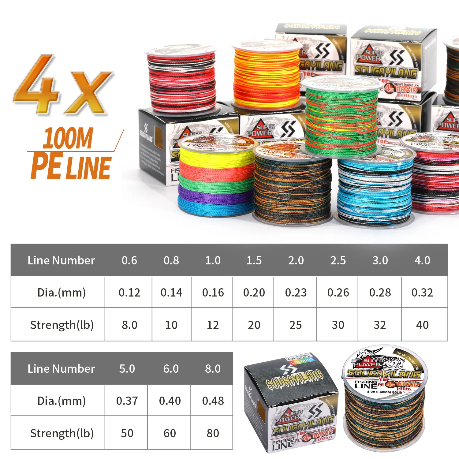 Sougayilang 4X Braided Fishing Line100m 5Color Abrasion Max Drag 80LB Multifilment PE Bass Line for Saltwater Freshwater Fishing