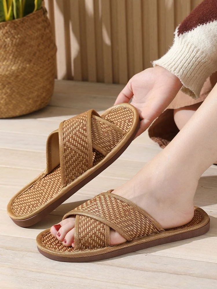 

Льняные плетеные туфли на плоской подошве, дизайнерские роскошные модные сандалии из ПВХ высокого качества, мужские хлопчики, 2025 г., повседневные домашние тапочки для взрослых для мужчин