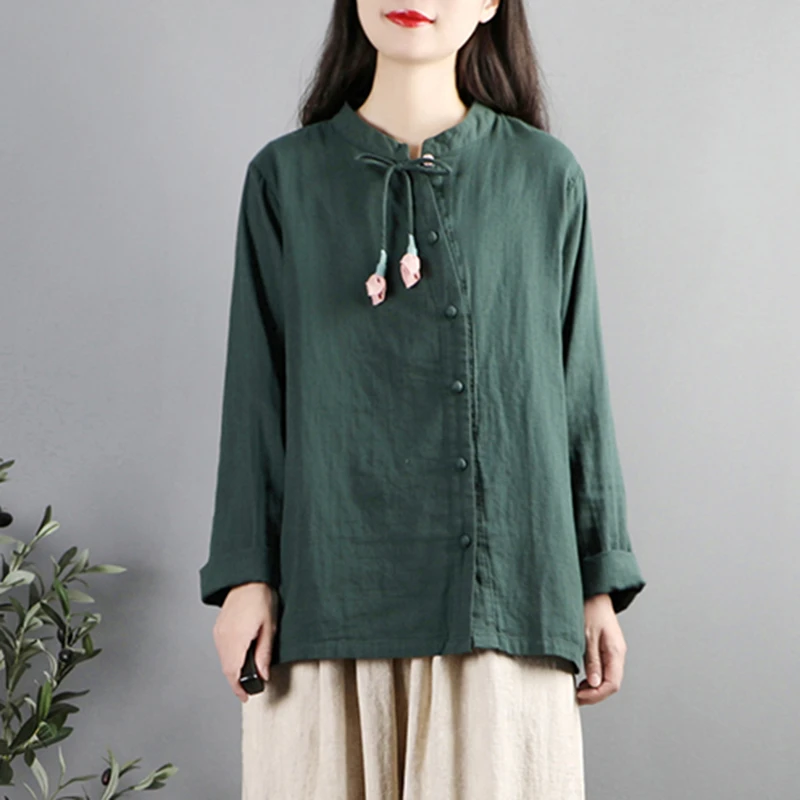 100% Cotton Women Long Sleeve Casual Shirt New Arrival 2025 Vintage Style Stand Collar Solid Color Female Tops Shirts M1763