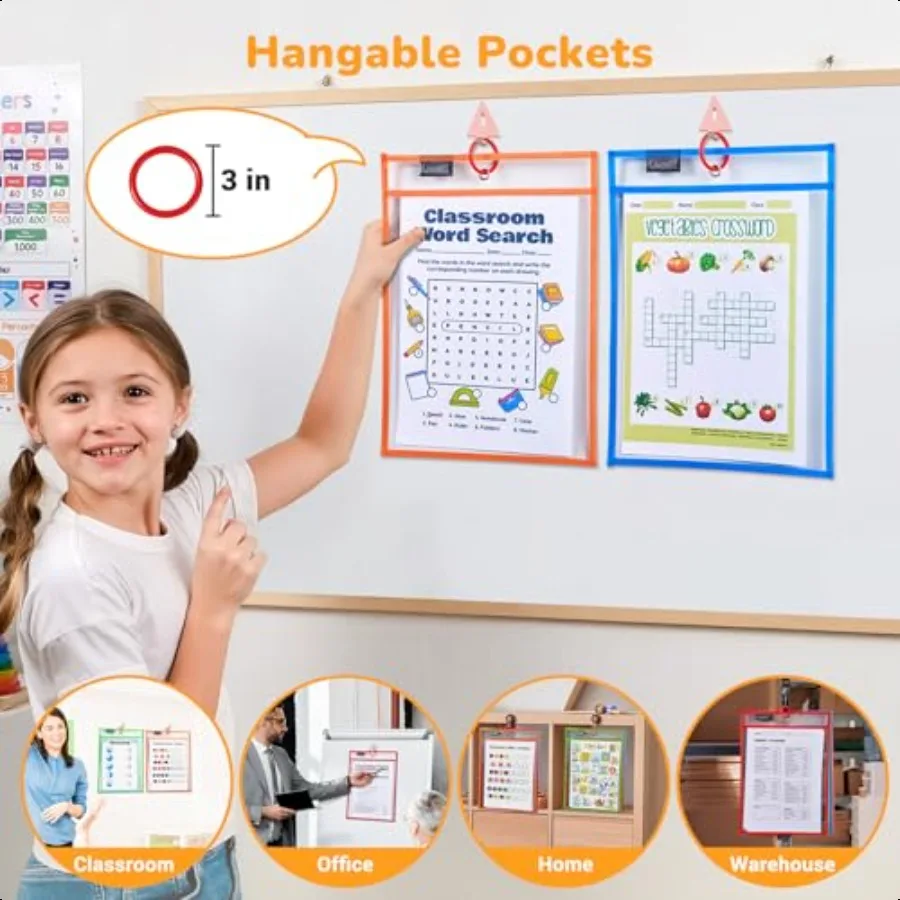 30 عبوة من جيوب المسح الجاف مع 5 حلقات و10 ألوان متنوعة 10 × 14 أكمام بلاستيكية كبيرة الحجم قابلة لإعادة الاستخدام واقيات الورق الشفافة للتعليم