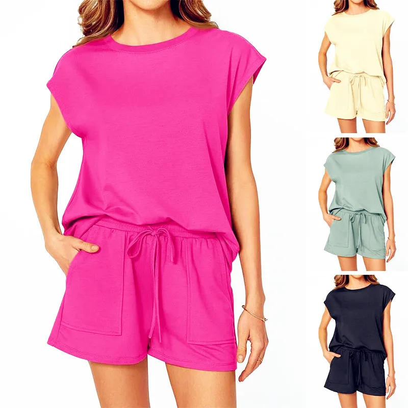 

Women Summer Pocket Bandage Tops Short Sleeve Tees Shorts Pants Shorts Sport Pant T Shirts Suit Loose Casual Suits Sets
