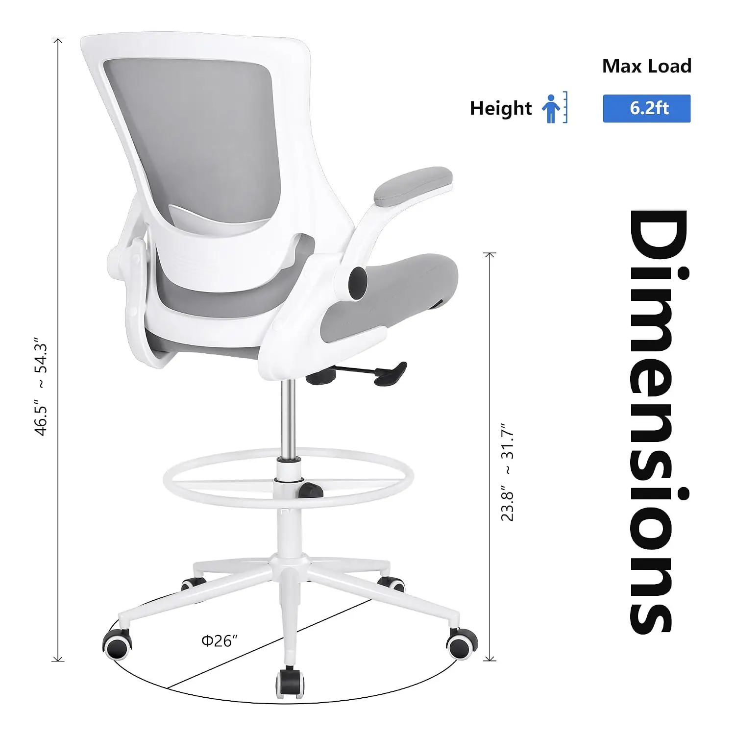 Tall Drafting Office Chair with Adjustable Lumbar Support, Flip-up Arm & Footrest Ring, Bar Height Desk, Customized