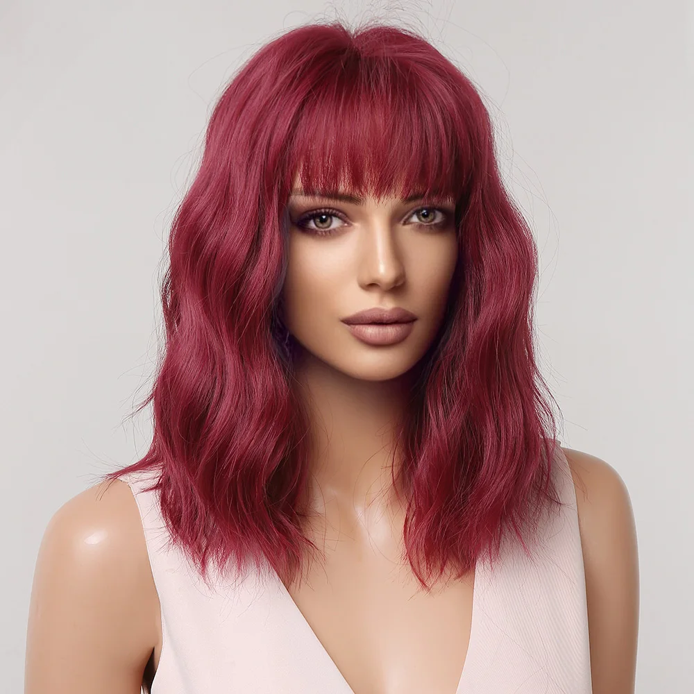 Synthetic Short Wavy Wig Wine Red Natural Hair Wigs with Bangs for Black Women Heat Resistant Cosplay Daily Wig