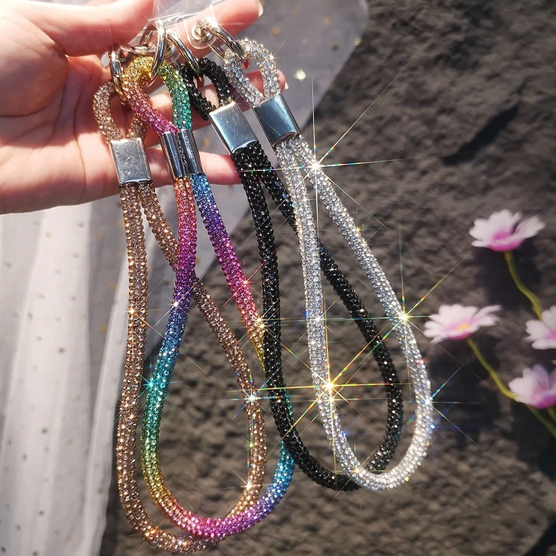 1pcs Glitter Full Diamond Keyring Phone Lanyard Crystal Short Wrist Strap Rhinestone Keychain Hanging Ornament Anti-lost Rope