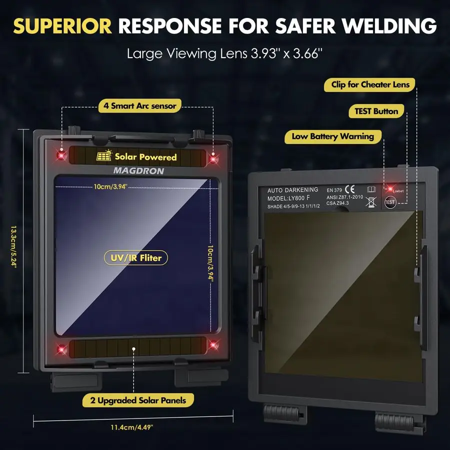 Darkening Welding Helmet Large View 3.94 x 3.66, True Color Welding Hood Optical Clarity, 4 Arc Sensor Solar Battery Powered, Wi