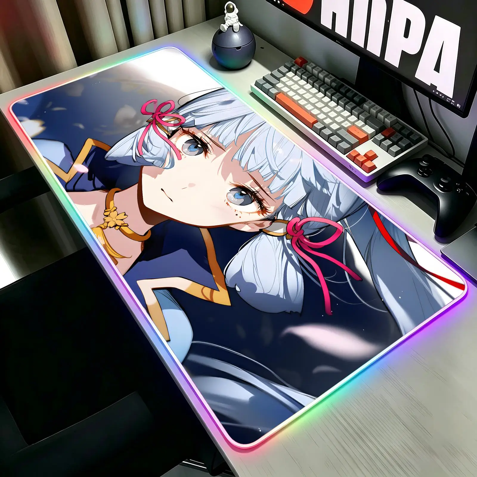 RGB Glow Gaming Desk Pad, wearproof sewn border, anti-slip mat for desktop, bedroom & office use Genshin Impact Kamisato Ayaka